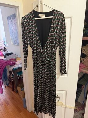 Geometric Print Long-Sleeve Wrap Dress in Black with Pink & Green